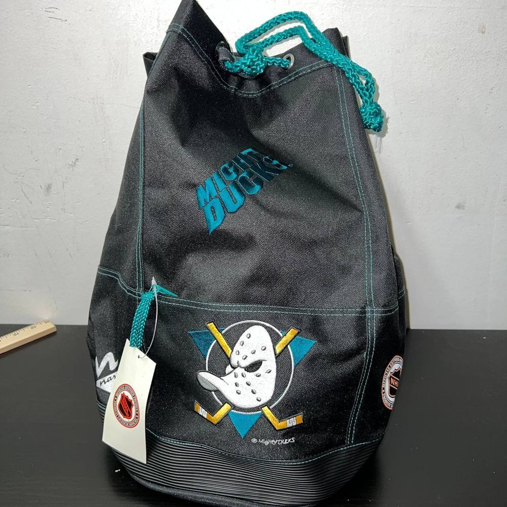 Vintage Mighty Ducks Backpack Bag Black NHL Nasco Gym Sack Heavy Duty